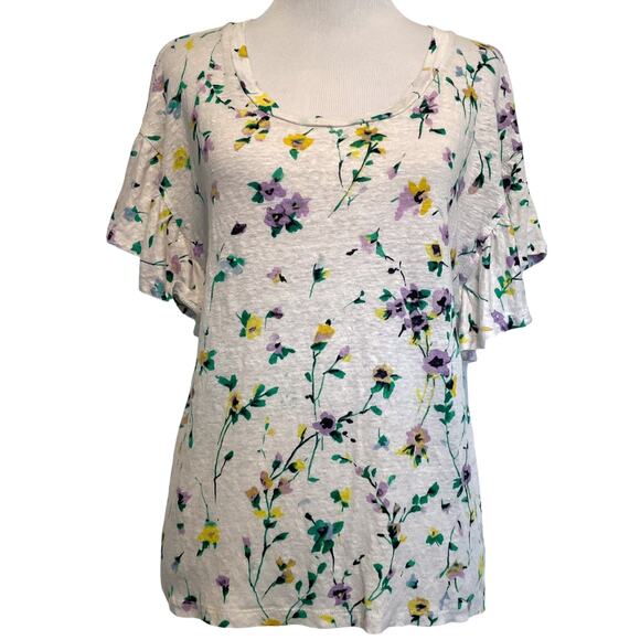 LOFT Floral Linen Flutter Wedge Tee Womens Medium White Multicolor Casual Top - Picture 2 of 10